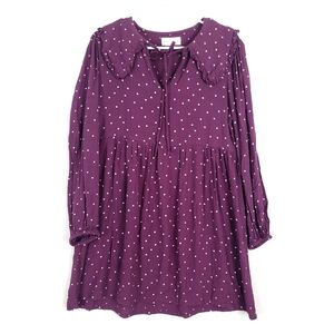 Lefties Magenta Purple Polka Dot Medium Long Sleeve Collared Tie Front Dress